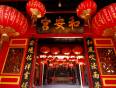 A Chinese temple with red lanterns
