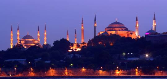 Istanbul's skyline at night, with the Blue Mosque and Hagia Sofia