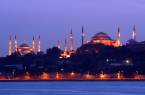 Istanbul's skyline at night, with the Blue Mosque and Hagia Sofia