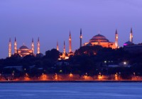Istanbul's skyline at night, with the Blue Mosque and Hagia Sofia
