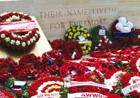 Red poppy wreaths at an ANZAC memorial at ANZAC Cover in Turkey