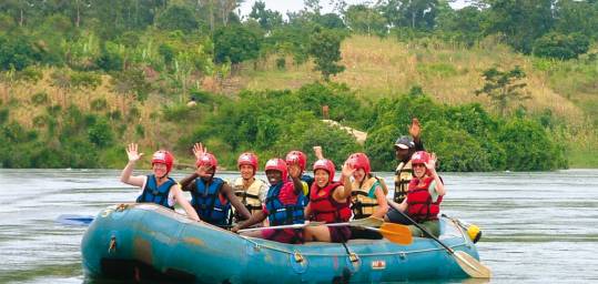 A group white water rafting on the Zambezi River near Victoria Falls