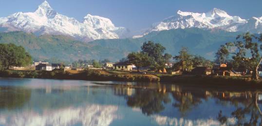 Lake Phewa in Pokhara, with panoramic views of the Himalayan mountains