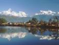 Lake Phewa in Pokhara, with panoramic views of the Himalayan mountains
