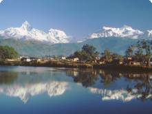 Lake Phewa in Pokhara, with panoramic views of the Himalayan mountains