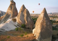 Goreme Valley and a hot air balloon in Cappadocia
