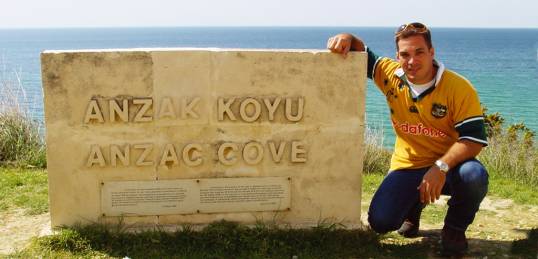 A person kneeling by the ANZAC Cove sign