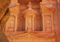 At the end of the narrow siq in the rose red city of Petra the treasury appears