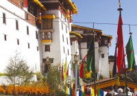 Bhutanese buildings decorated with prayer flags