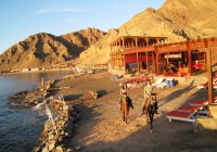 Two girls on a sunrise horse ride along the coast in Dahab