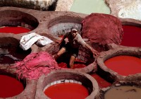 A young Moroccan sits in the bright red tanneries where leather is prepared and dyed