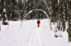 A lady cross country skiing near the shores of Lake Baikal