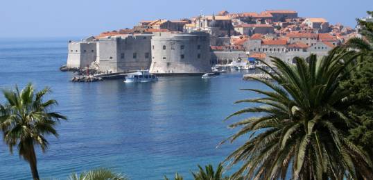View of the coastline and stone buildings of Dubrovnik