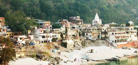 A view of Rishikesh and the Ganga river framed with lush vegetation
