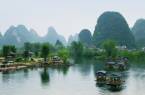 Bamboo rafts on the River Li in Yangshuo, with a backdrop of karst peaks