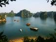 Junk boats and the limestone peaks of Halong Bay