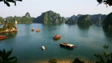 Junk boats and the limestone peaks of Halong Bay
