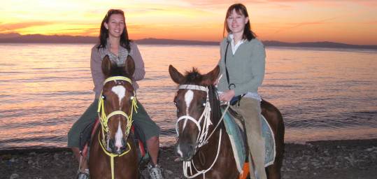 Two girls on a horse ride along the coast in Dahab at sunrise