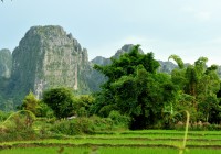 The rice paddies and mountains of the Vang Vieng region