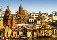 The colourful and intricate buildings of Varanasi by the Ganges river