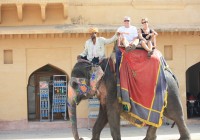Kim and Kerry from the Tea Centre having fun on elephant back at the Amber Fort in Jaipur