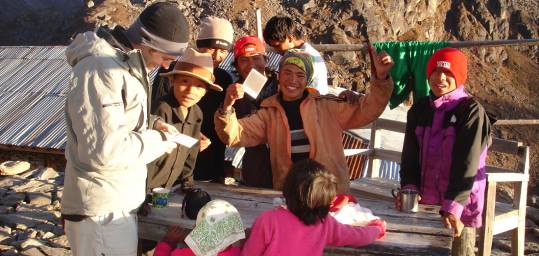 A trekker with a group of Nepalese children