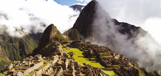 The ruins of Machu Pichu at the end of the Inca trail in Peru