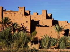 Ait Benhaddou, a Kasbah in Morocco, surrounded by lush palm trees