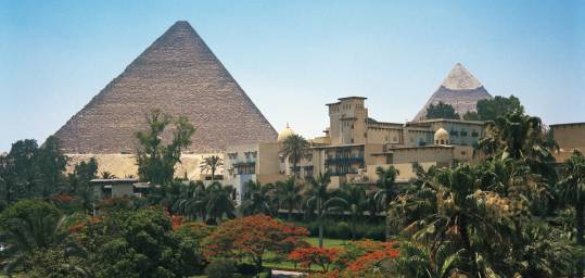 The gardens of the palatial Mena House Oberoi Hotel in Egypt