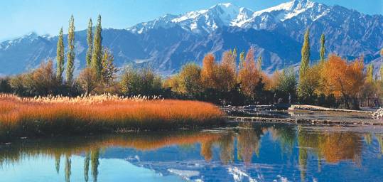 The Himalayan Mountains reflected in a lake