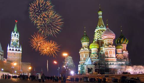 Fireworks on New Years Eve in Red Square over St Basils Cathedral