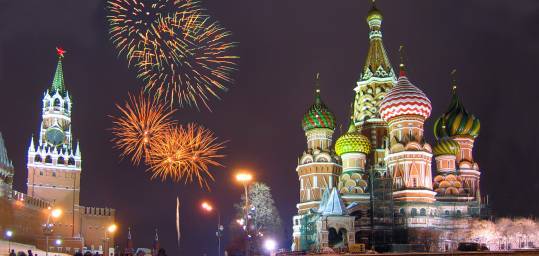 Fireworks on New Years Eve in Red Square over St Basils Cathedral