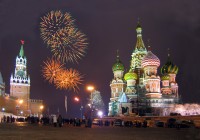 Fireworks on New Years Eve in Red Square over St Basils Cathedral