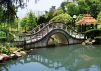 A footbridge over water in a Shanghai public garden
