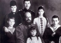 A black and white photograph of the Romanov family - the last Russian Tsars