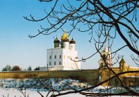 The Pskov Fortress framed by a wintery leafless tree and snowy ground