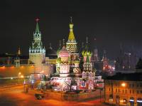 St Basil's Cathedral in Moscow's Red Square - brightly illuminated at night