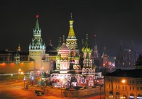 St Basil's Cathedral in Moscow's Red Square - brightly illuminated at night