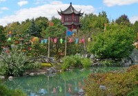 Brightly coloured lanterns hanging in a Chinese garden