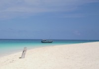 White sands and crystal clear waters of the beaches of Zanzibar with a traditional dhow