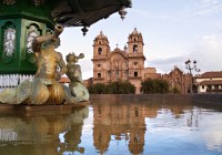 La Compania de Jesus church in Cuzco, with a water feature in the foreground