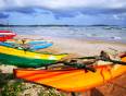 Brightly coloured fishing boats on the Sri Lankan coast