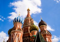 The brightly coloured domed roof of St Basils Cathedral in Moscow