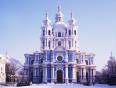 An ornate blue and white church in Russia