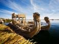 Two boats made from reeds at Uros Island in Lake Titicaca