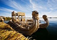 Two boats made from reeds at Uros Island in Lake Titicaca