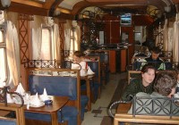 A restaurant carriage on a Trans-Siberian train