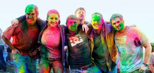 On the Go passengers covered with the bright paint used in India's Holi festival - the festival of c
