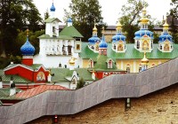 The brightly coloured Pechory monastery near Pskov