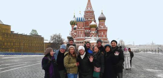 A group outside St Basil's Cathedral in Red Square Moscow